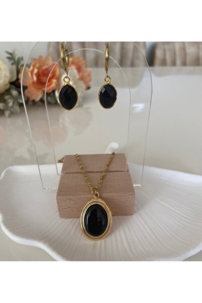 TARZ-I TAKI ÇELİK Zincir 50 cm Siyah ONİKS Taşı KOLYE & KÜPE SETİ Anne Kadın Sevgili Özel Gün Hediyesi