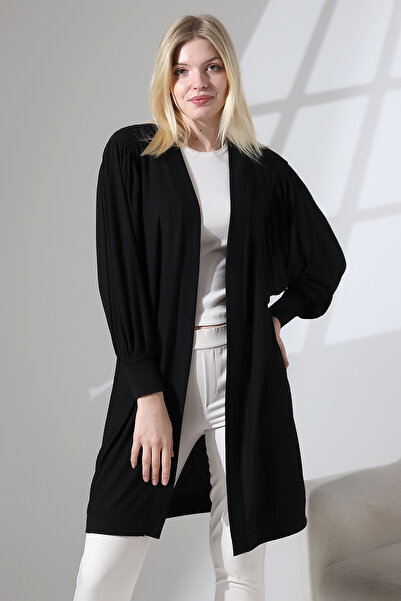 Şiir Γυναικεία μαλακή υφή Silyana με μανίκια μπαλόνι με κορδόνι ελαστική ζακάρ μακριά ζακέτα & ζακέτα χιτζάμπ - Μαύρο