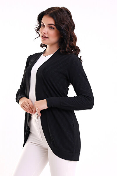 Şiir Bumpe Γυναικεία Μαλακή Υφή Χτενισμένη Βαμβακερή Οβάλ Φούστα Μακρυμάνικη Πλεκτή Ζακάρ Ελαστική Ζακέτα & Καφτάν - Μαύρο