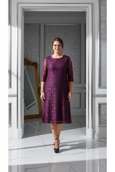 Nidya Moda Büyük Beden Kloş Mürdüm Dantel Abiye Elbise-4036m
