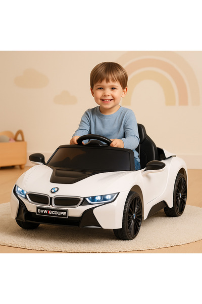 BMW Electric car for children, with remote control i8 Coupe WHITE, 12V, LED lights, music and leather seat