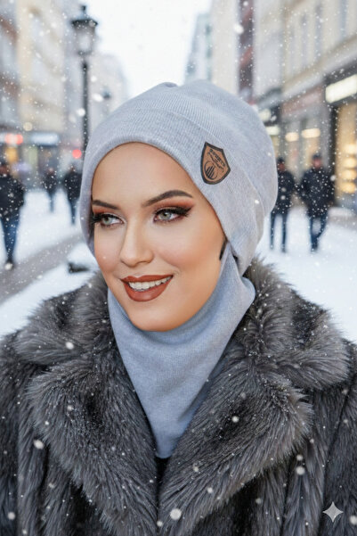 Aişe tesettür Light Gray Embroidered Mask Beanie