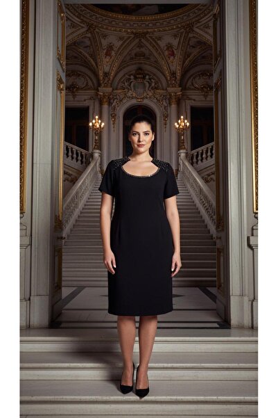 Nidya Moda Plus Size Black Stone Embroidered Evening Dress 4104s