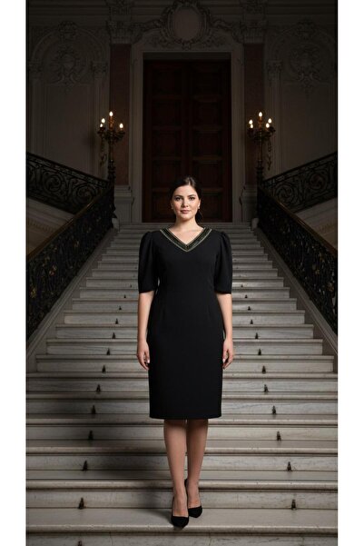 Nidya Moda Büyük Beden Kadın Taşlı Yaka Siyah Abiye Elbise-4158s