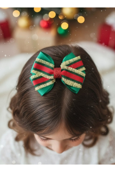 UniqueHandMade مشبك عيد الميلاد من السلسلة الذهبية، مشبك القوس، مشبك للأطفال مصنوع يدويًا من شريط Grosgrain هدية