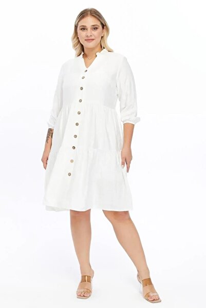 Apsen Collection Apsen Women's Ecru Plus Size V-Neck Buttoned Midi Dress 4483...