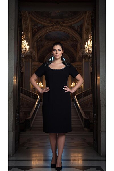 Nidya Moda Plus Size Black Stone Embroidered Evening Dress 4104s