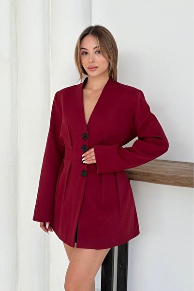 GM Butikk Kadın Yeni Sezon Derin V Yaka Uzun Kollu Mini Blazer Ceket Elbise Plise Detaylı Kadın Elbise