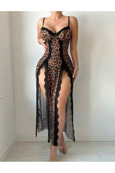 MİMİ PİJAMA KADIN LEOPAR DESEN DANTELLİ UZUN YIRTMAÇLI GECELİK LAYLA
