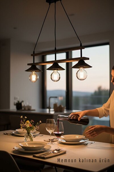 ONUR AVİZE Retro Rustik Eskitme Ahşap 3'lü Siyah Sarkit Avize