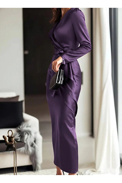 BÜŞRA TEZEL MODA Women's Long Sleeve Double-Breasted Collar Belted Waist Long Satin Dress