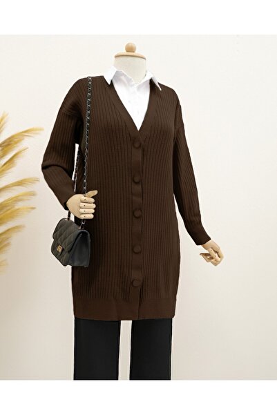 Modamorfo Corded Fabric Button Long Knit Cardigan - Brown