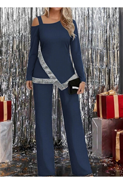 Silerra Women's One-Shoulder Open Long-Sleeved Front Sequined Imported Crepe Blouse and Pants