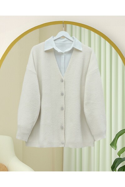 Modamorfo Buttoned Front Bearded Casual Knit Cardigan - Ecru
