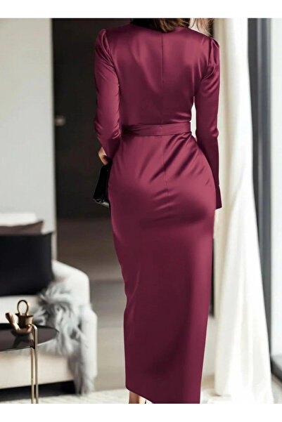 BÜŞRA TEZEL MODA Women's Long Sleeve Double-Breasted Collar Belted Waist Long Satin Dress