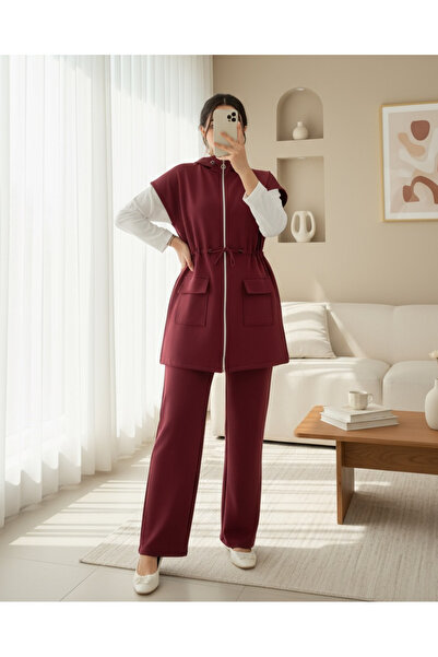 Modamorfo Double Pocket Zippered Rubber Detailed Short Sleeve Scuba Suit - Burgundy