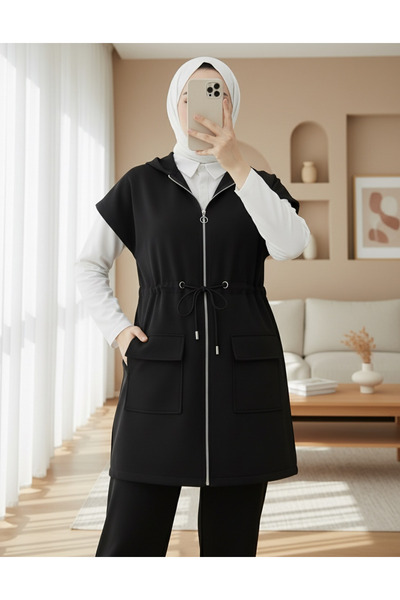 Modamorfo Double Pocket Zippered Rubber Detailed Short Sleeve Scuba Suit -Black