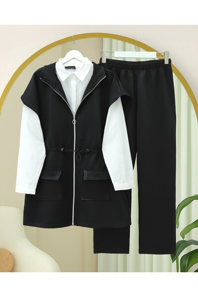 Modamorfo Double Pocket Zippered Rubber Detailed Short Sleeve Scuba Suit -Black