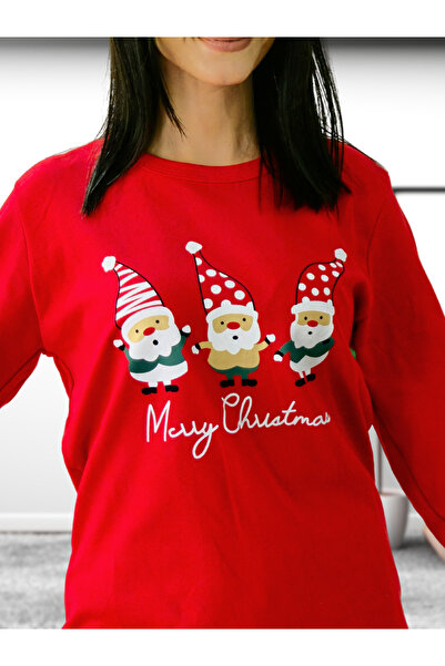 YusGos Santa Claus Printed Cotton Women's New Year Family Pajamas Set Red 2XL