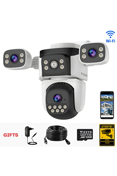 vizzyo Cameră de supraveghere WiFi Ultra Defender, 12 MP, 3-în-1 cu vedere nocturnă color, panoramică 360