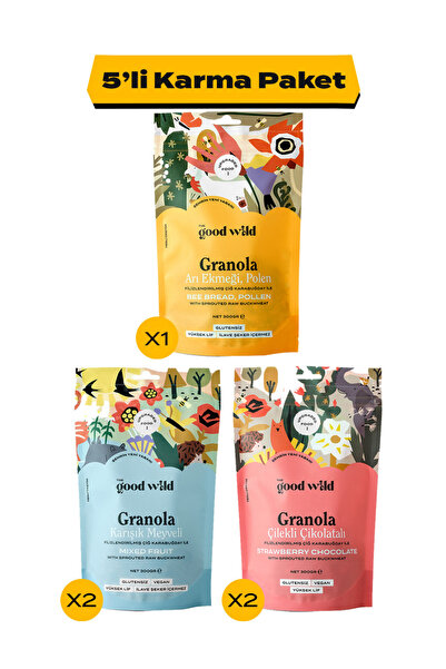 THE GOOD WİLD Granola Karma Paket | Glutensiz Atıştırmalık | Yüksek Lif | Kurutulmuş Çilek | 5 x 300 Gr