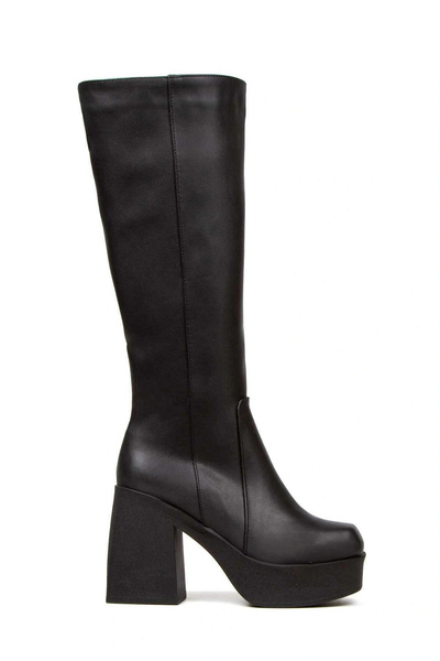 Miss Mitto Cizme de damă din piele artificială neagră, cu platformă ușoară, cu toc, simple, elegante și confortabile