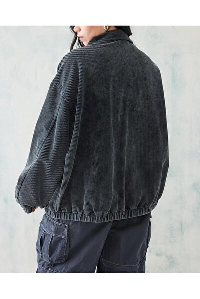 september island Washed Black Unlined Velvet Bomber College Coat Jacket