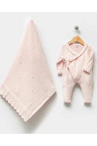 Mert Baby Double-Breasted Jacquard Knitwear 5-Piece Organic Hospital Discharge Set Pink 100% Cotton Newborn Baby Girl