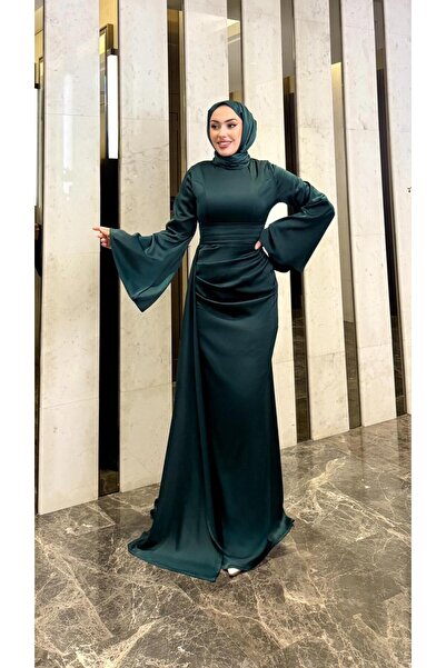 modadeywearst Drape Detaylı Kuyruklu Saten Tesettür Abiye