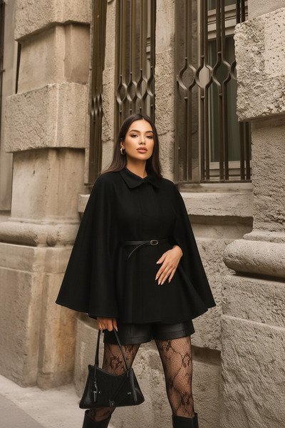 Moda ferfa معطف نسائي بحزام كاشي باللون الأسود