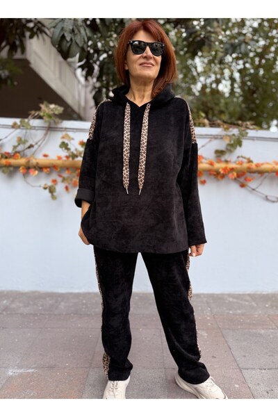 DenizEge Ιταλικό κοστούμι K με κουκούλα Leopard Velvet Μαύρο