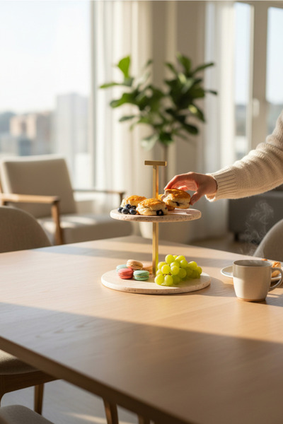 Akayev Travertine 25 cm Matte Gold Two-Tier Presentation Plate