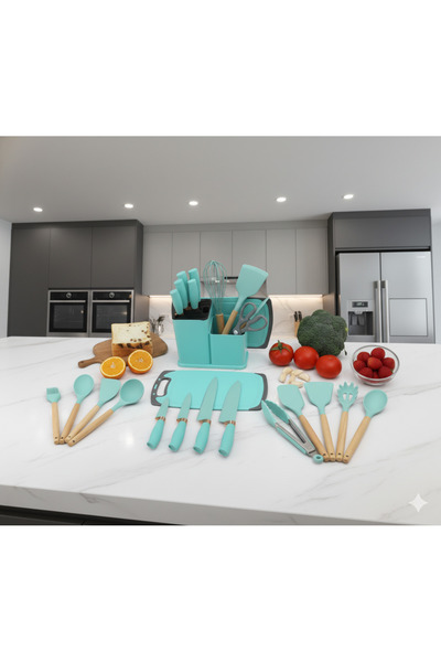 YAH Creation YAH 19-Pcs Premium Silicone Kitchen Utensil Set w/ Wooden Handles, Stainless Steel Knives /Turquoise