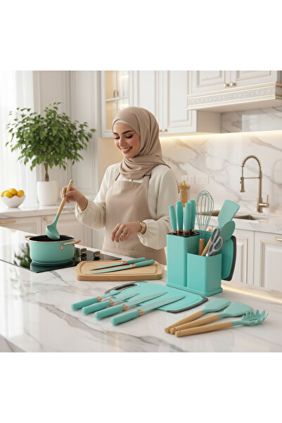 YAH Creation YAH 19-Piecs Premium Silicone Kitchen Utensil Set w/ Wooden Handles, Stainless Steel Knives / Gray