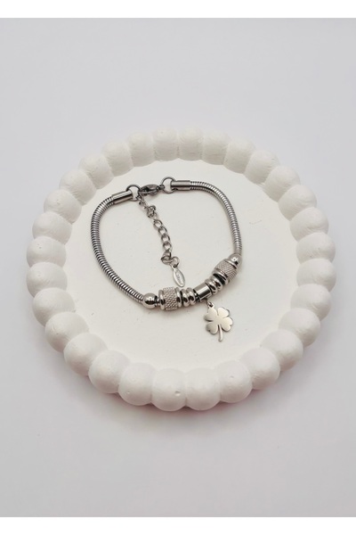 MODAMİRA AKSESUAR Gümüş Rengi Unisex Şans Yonca Model Çelik Bileklik