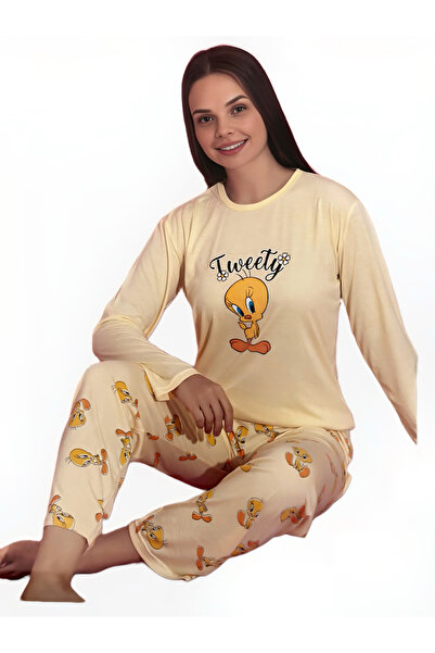 Lana طقم بيجامة نسائية من البولي فيسكوز مطبوعة من تويتي – قماش مريح وأنيق وناعم