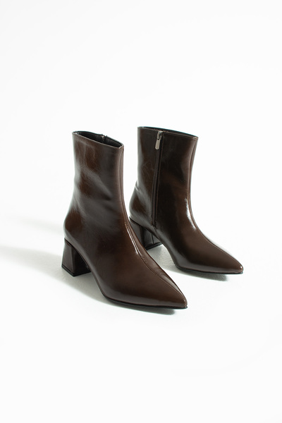 KOTAN Γυναικείες μπότες με φερμουάρ με χοντρό τακούνι σε καφέ γυαλιστερό χρώμα-Κομψό εφέ δέρματος Νέα σεζόν