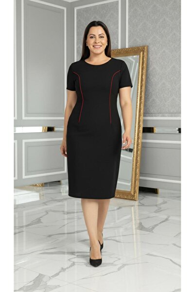 Nidya Moda Büyük Beden Parça Biye Siyah Elbise-4085bs