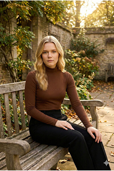 TRENDJET Women's Long Sleeve Half Fisherman Brown L Stretch Fabric Viscose Badi