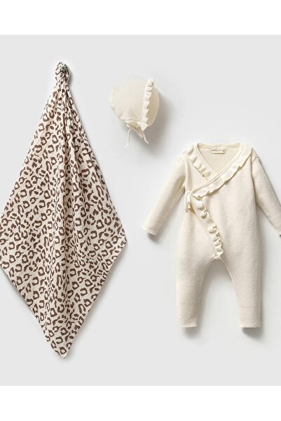 Mert Baby Leopar Müslin Battaniyeli Triko Tulum Şapkalı Hastane Seti %100 Pam...
