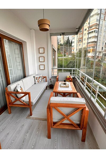 RAWZEN HOME Ahşap Bahçe Balkon Takımı – 3’lü Koltuk + 2 Tekli + Masa I Lüks M...