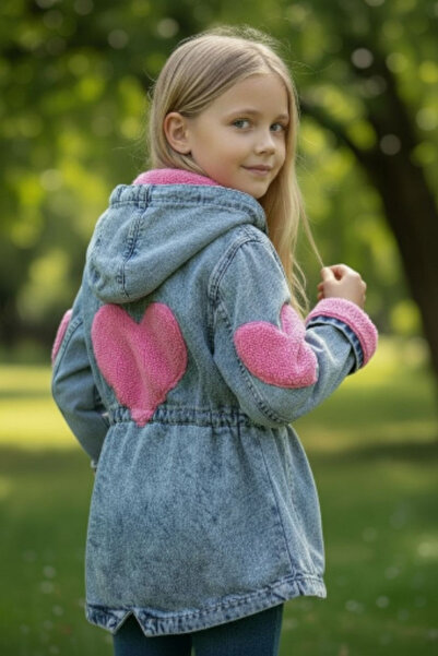 ELAFOR Palton de iarnă din denim pentru fete, din pluș Welsoft, cu inimă/jachetă din denim - de tranziție - sărbători