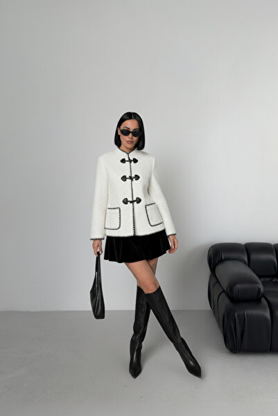 ALFUDO Moda Collection Ecru Buttoned Plush Women's Coat