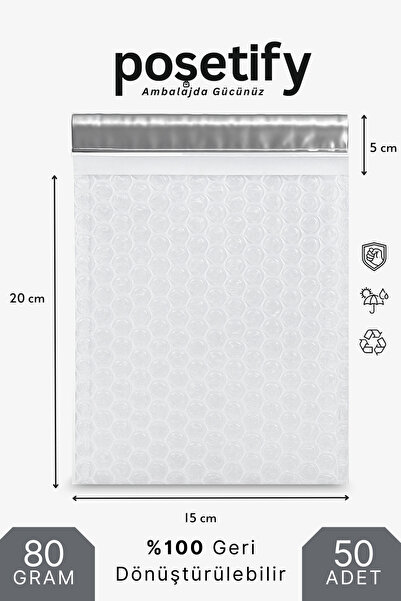 POŞETİFY Balonlu Kargo Poşeti 15x20x5 cm | 50 Adet | Şeffaf | Yapışkan Bantlı...