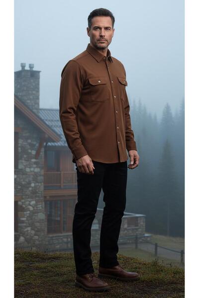 MEGALDİ Erkek Regular Kesim Çift Cepli Uzun Kollu Tarçın Ceket Gömlek
