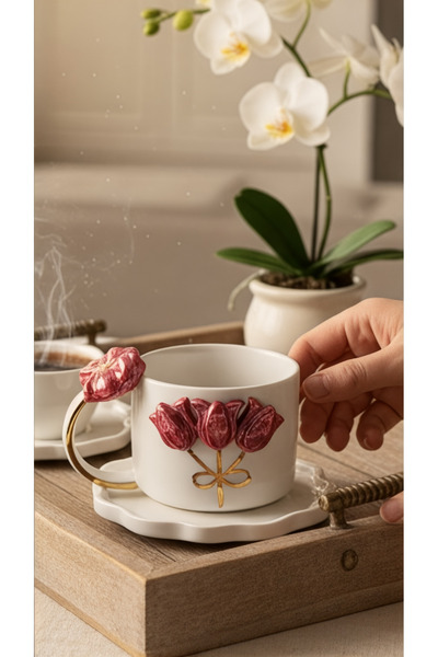 EL YAPIMI 24K Altın Süslemeli Lale Temalı El Yapımı Seramik Mug