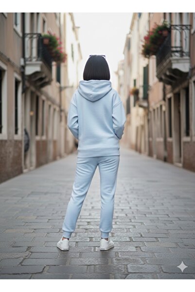 jeneric Bebe Mavi Kapüşonlu Kanguru Cepli Oversize Lastik Paça İçi Polarlı Kadın Eşofman Takımı