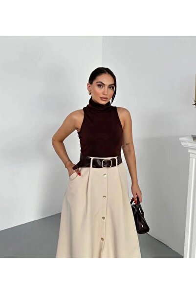 Afiş Butik Καφέ γυναικείο φόρεμα με ζώνη και λεπτομέρεια με κουμπιά χωρίς μανίκια