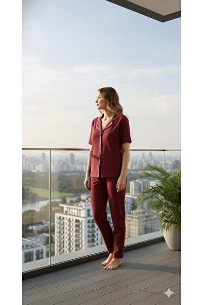 Sude HOMEWEAR Σετ πιτζάμες με κοντομάνικο βαμβακερό χρώμα Piping