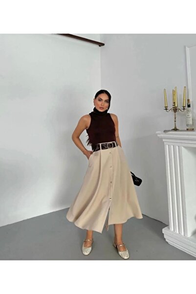 Afiş Butik Καφέ γυναικείο φόρεμα με ζώνη και λεπτομέρεια με κουμπιά χωρίς μανίκια